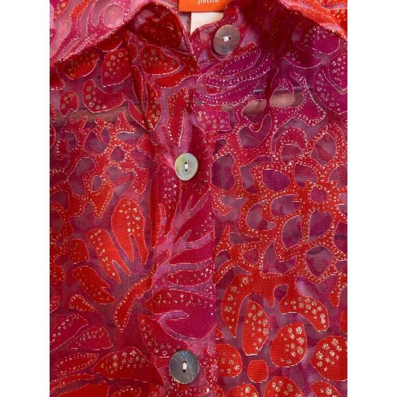 Hearts of Palm Top Womens 10 Petite Pink Glitter Burnout Button Up Sheer Floral - Picture 12 of 12